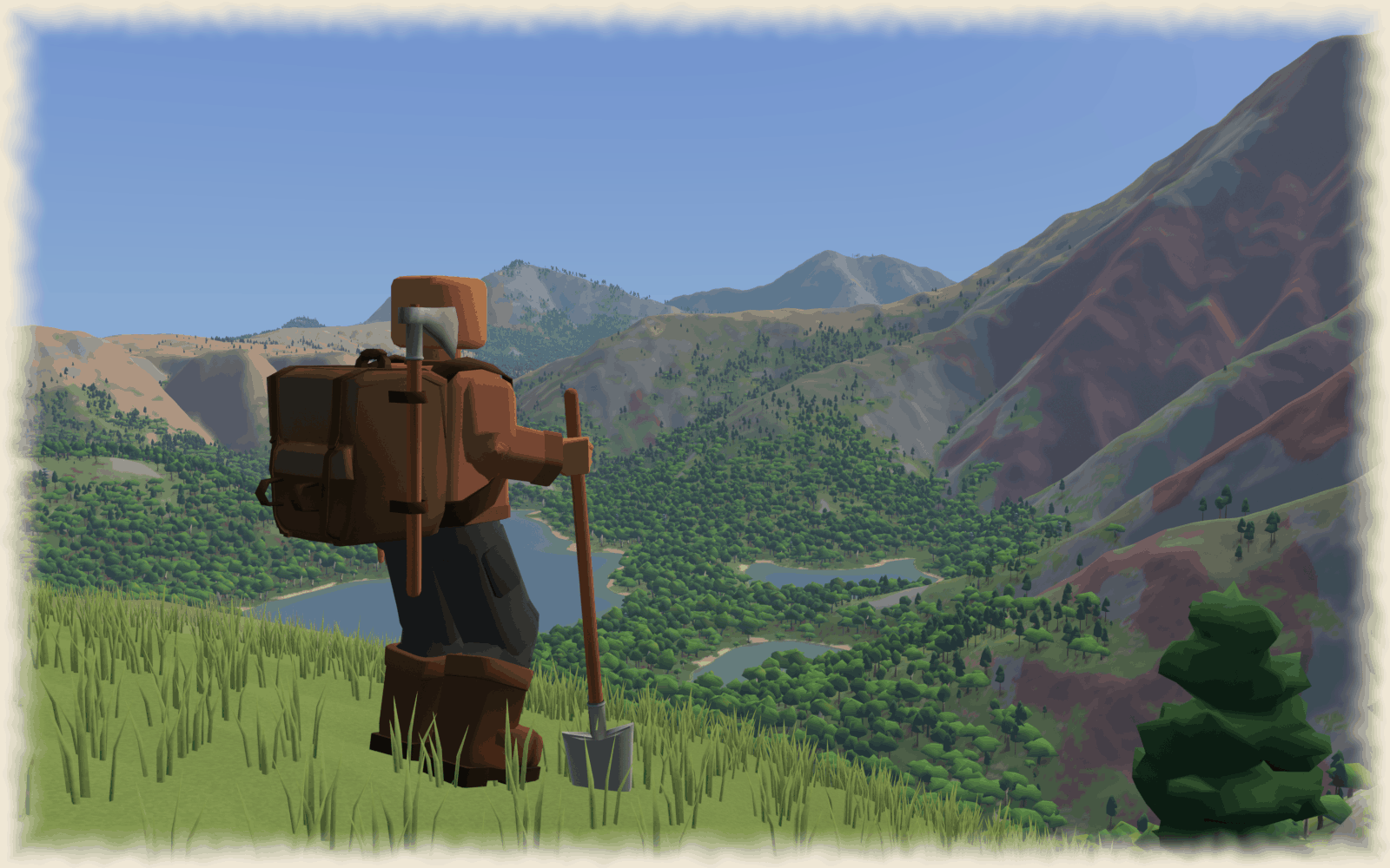 A player with a shovel on a grassy rise, looking down a lake valley toward the range